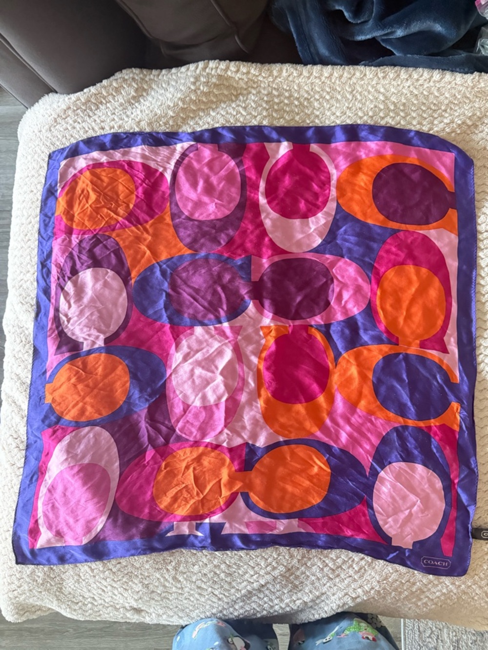 Coach Silk Scarf in Purple, Pink & Orange Circle Print